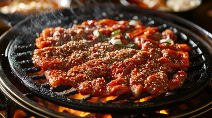 Fototapeta premium Authentic Korean BBQ Experience at a Modern Seoul Restaurant with Gochujang Paste, Sesame Seeds, and Sizzling Dishes