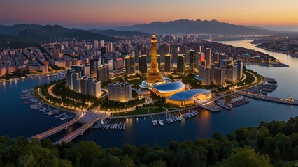 Fototapeta premium Panoramic sunset view of a modern city island with skyscrapers, a tower, stadium, marina, and bridge.