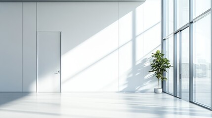 Fototapeta premium Modern Minimalist Office Space Interior Design: Sunlight Streaming Through Large Windows, Illuminating a Clean, White Room with a Single Plant and Door