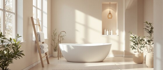 Fototapeta premium Luxurious and Minimalist Bathroom Interior with Freestanding Bathtub and Natural Light
