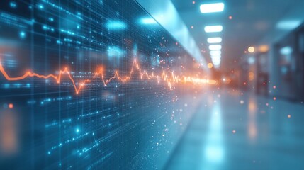 Fototapeta premium Futuristic data visualization on a large screen in a modern hallway.