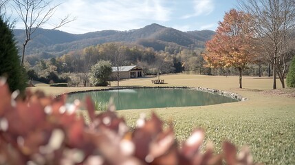 Autumnal Mountain View Featuring Lakeside Cabin
