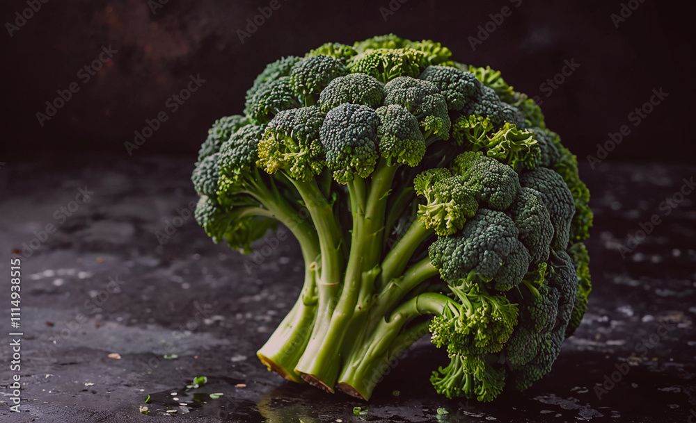 Poster head of broccoli is sitting on a counter. the broccoli is green and has a stem. the stem is long and