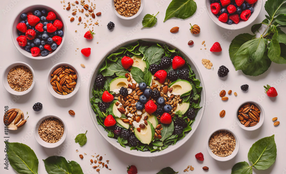 Poster Bowl of salad with nuts and berries on a table. There are several bowls of nuts and berries on the table