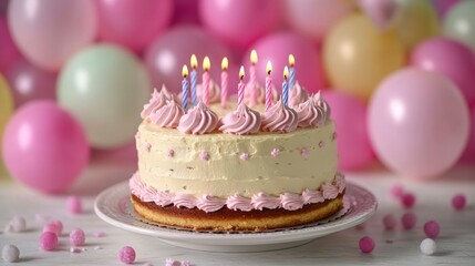 A festive birthday party scene showcasing colorful balloons filling the background and a delicious cake adorned with candles creating a joyful atmosphere.