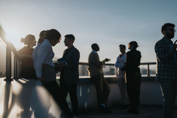 A group of multiracial business people engage in brainstorming on a rooftop balcony at sunset. The...