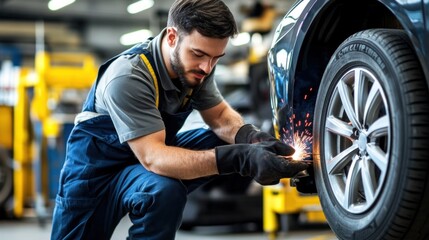 Mechanic repairing car wheel with sparks.