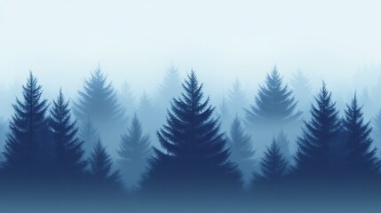 Obraz premium A misty forest with silhouettes of pine trees against a blue sky.