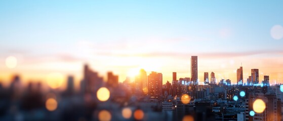 Fototapeta premium Blurred cityscape at sunset, bokeh lights.