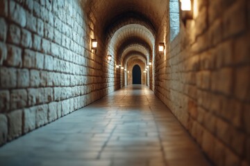 Fototapeta premium Dark stone corridor with arched ceilings and dim lighting.