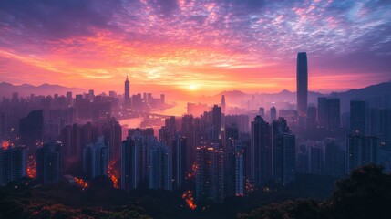 Fototapeta premium A panoramic cityscape at sunrise, with the sun peeking over the horizon, casting warm light on the buildings and the surrounding mountains.