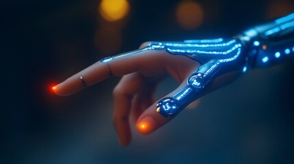 A human and robot finger delicately touch symbolizing the balance of human emotion and artificial intelligence working together towards a collaborative future