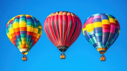 Obraz premium Three colorful hot air balloons against a bright blue sky.