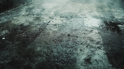 Wet pavement reflecting light in a dimly lit urban setting during a cloudy day