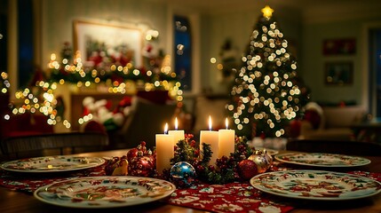 Cozy and festive family Christmas dining area with a centerpiece of candles ornaments and a decorated tree in the background creating a warm and inviting holiday atmosphere for gathering and