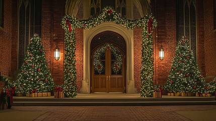 Festive Church Entrance Decorated for the Christmas Season with Warm Lighting Garlands Framing the Doors and Small Christmas Trees on Each Side Creating a Welcoming and Cozy Atmosphere