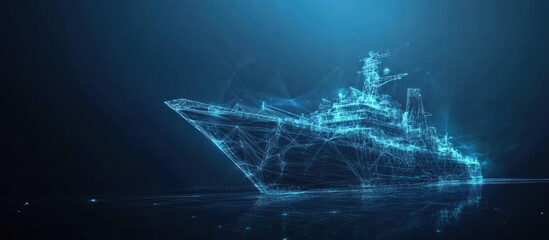 A digital representation of a ship created with interconnected lines and glowing effects.