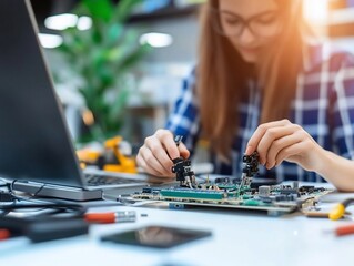Fototapeta premium Woman repairing electronic circuit board.