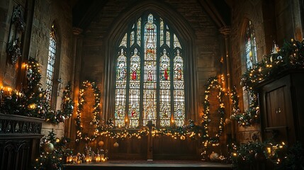 Obraz premium Stained Glass Church Window with Garlands Ornaments and Glowing Lights for the Christmas Holiday Season