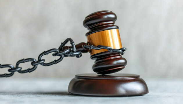 A gavel bound by a chain symbolizes the constraints of justice and legal authority, representing the balance between law and freedom.