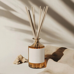 A bottle of reed diffuser featuring a white label placed on it. Diffuser white blank label mockup