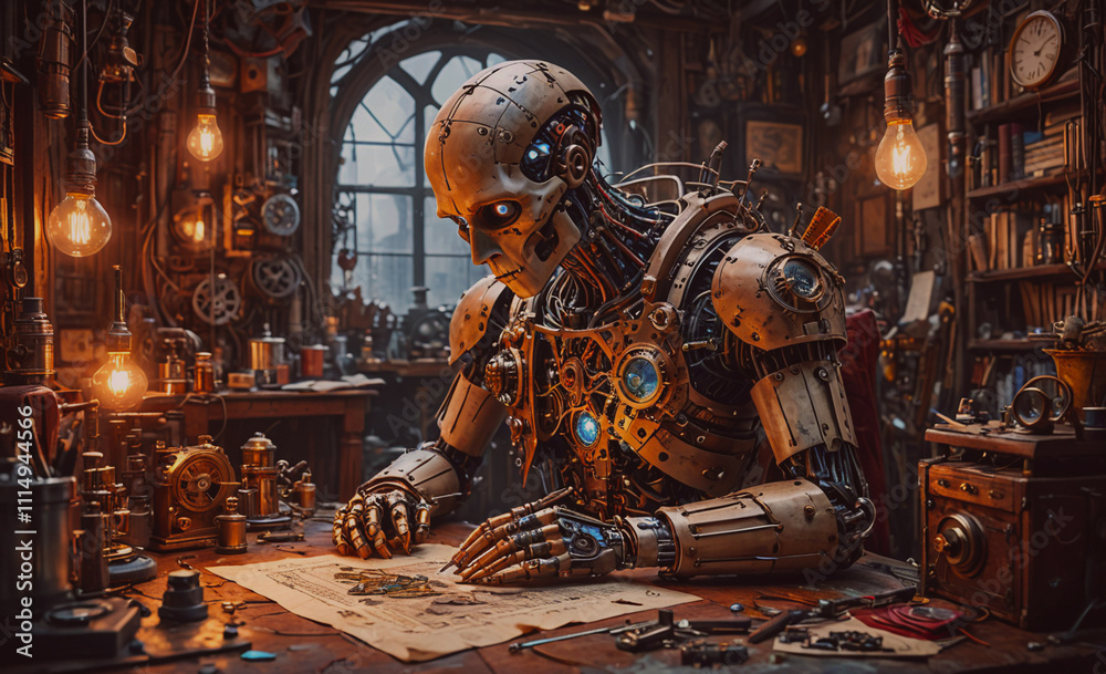 Aufkleber Robot is sitting at a desk with a piece of paper in front of him. The robot is wearing a helmet and has a clock on the wall behind him