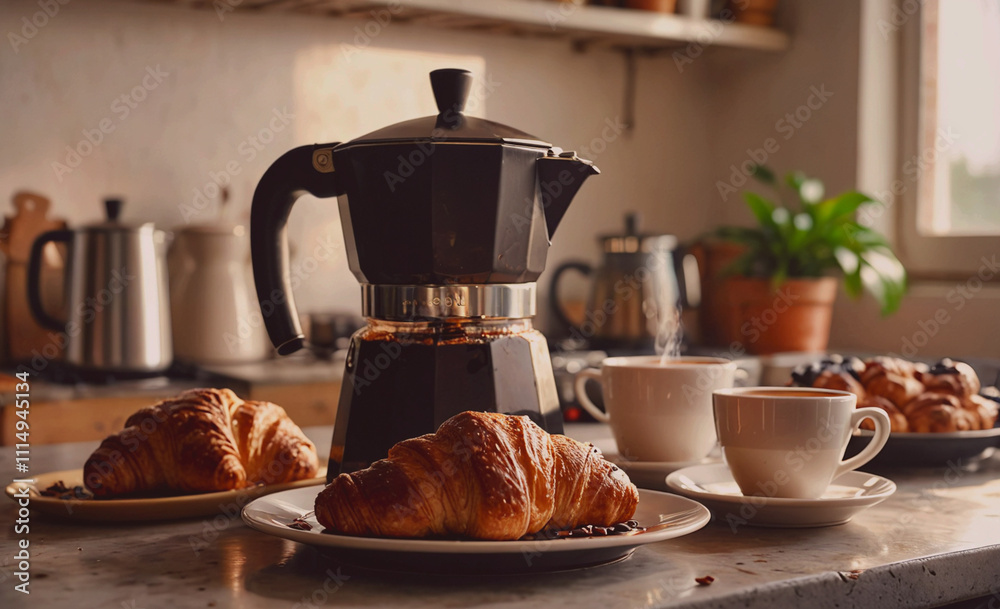 Poster coffee pot with a pot of coffee on top of it. there are two cups of coffee on the table