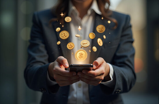 A person holding a digital wallet on their phone with cryptocurrency icons, Bitcoin, Ethereum floating in the air