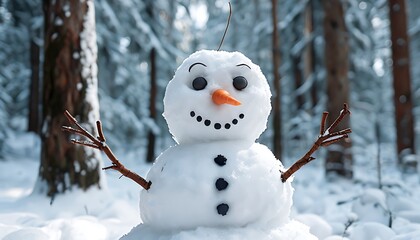 a snowman with a carrot nose and coal buttons in a snowy forest