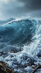 Fototapeta premium Bubbly water wave with ocean debris and seaweed, beach scene, sea creatures, marine life
