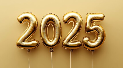 Golden balloons shaped as the year 2025, adding a festive touch to a celebratory event. Perfect for New Year, graduation, or milestone celebrations.