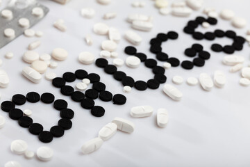 Various pills and medical pills, antibiotics closeup. High quality photo