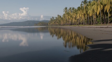 Obraz premium Calm Ocean Reflecting Palm Trees On Sandy Beach