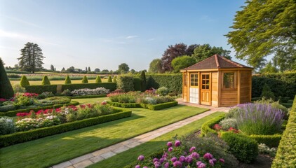 Beautiful Landscaped Garden With a Wooden Shed Under a Clear Blue Sky in a Serene Setting. Generative AI