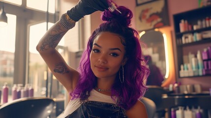 Fototapeta premium Young woman with purple hair applying hair dye in salon.