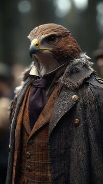 profile shot of an elder, regal and powerfully intense purple feathered hawk with a long beard, resembles a Viking, wearing a brown tweed suit and purple tie and feather broach, 