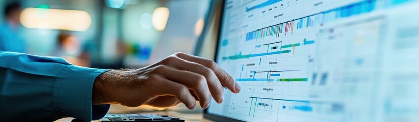 Obraz premium Close-up of a hand interacting with a computer screen displaying data charts and graphs.
