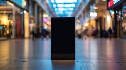 Obraz premium Blank black advertising sign in a blurred shopping mall.