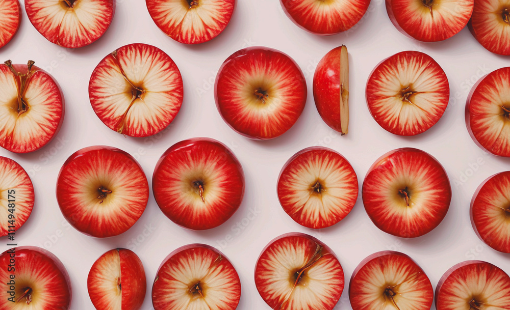 Aufkleber close up of a red apple with a white background. the apple is sliced in half and has a stem