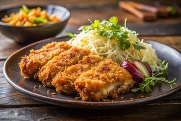 Close-up of Crispy Breaded Pork Cutlet with Cabbage Salad and Breadcrumbs Falling, Capturing the Essence of Japanese Cuisine and Culinary Artistry in a Beautiful Documentary Style