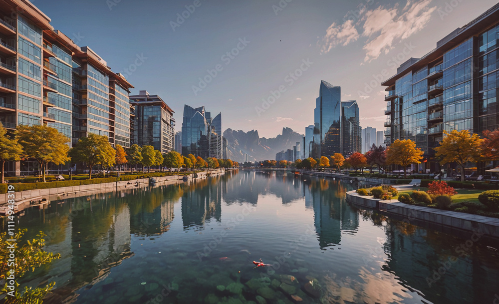 Poster city with a river running through it. the river is surrounded by buildings and trees. the water is c