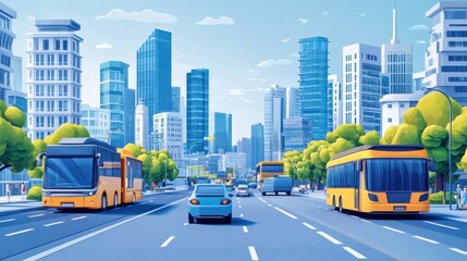 Fototapeta premium A vibrant city street scene with modern skyscrapers, lush trees, and public transportation, showcasing urban life and infrastructure.