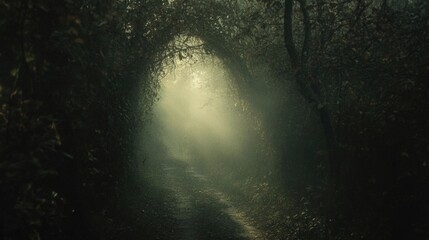 Obraz premium Pathway through a sunlit forest. The interplay of sunlight and shadow along a forest trail symbolizes the balance of guidance and mystery in spiritual journeys.