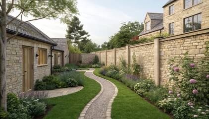 Fototapeta premium Compact Walled Garden With Winding Pathways in a New Home Development. Generative AI