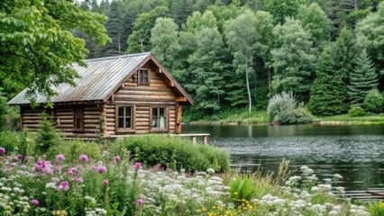 Obraz premium A Rustic Log Cabin on a Tranquil Lake Surrounded by Lush Greenery