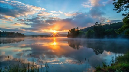 Fototapeta premium Sunrise Over a Misty Lake with Reflected Clouds and Trees