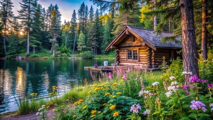 Obraz premium Rustic Log Cabin by a Still Lake Surrounded by Lush Greenery