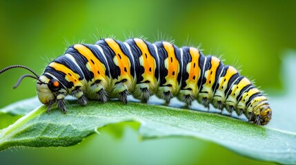 Fototapeta premium Black Yellow Striped Caterpillar Crawls On Green Leaf