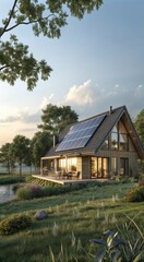 Obraz premium Eco-friendly House With Solar Panels Surrounded by Nature During Golden Hour. Generative AI