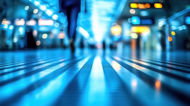 Blue, blurred background of the airport floor with an escalator in focus.